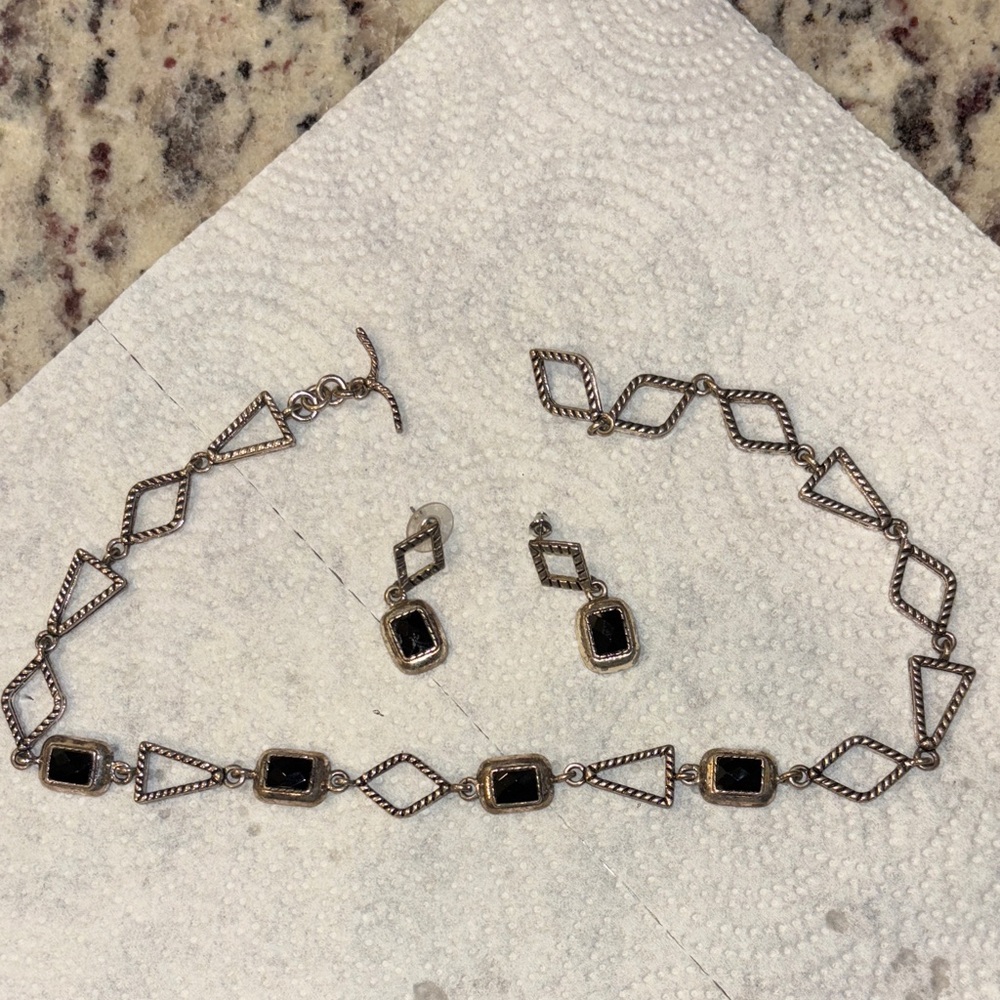 Vintage Western Necklace Black Silver Gems Stone Necklace Earrings Jewelry Blk